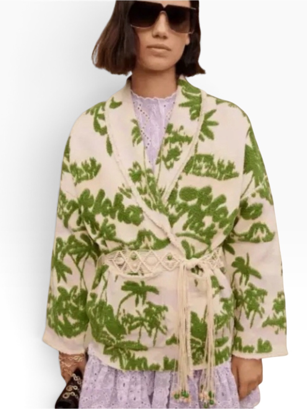 STUNNING Maje Cream & Green Floral Kimono heavy sweater Wrap Jacket M/L